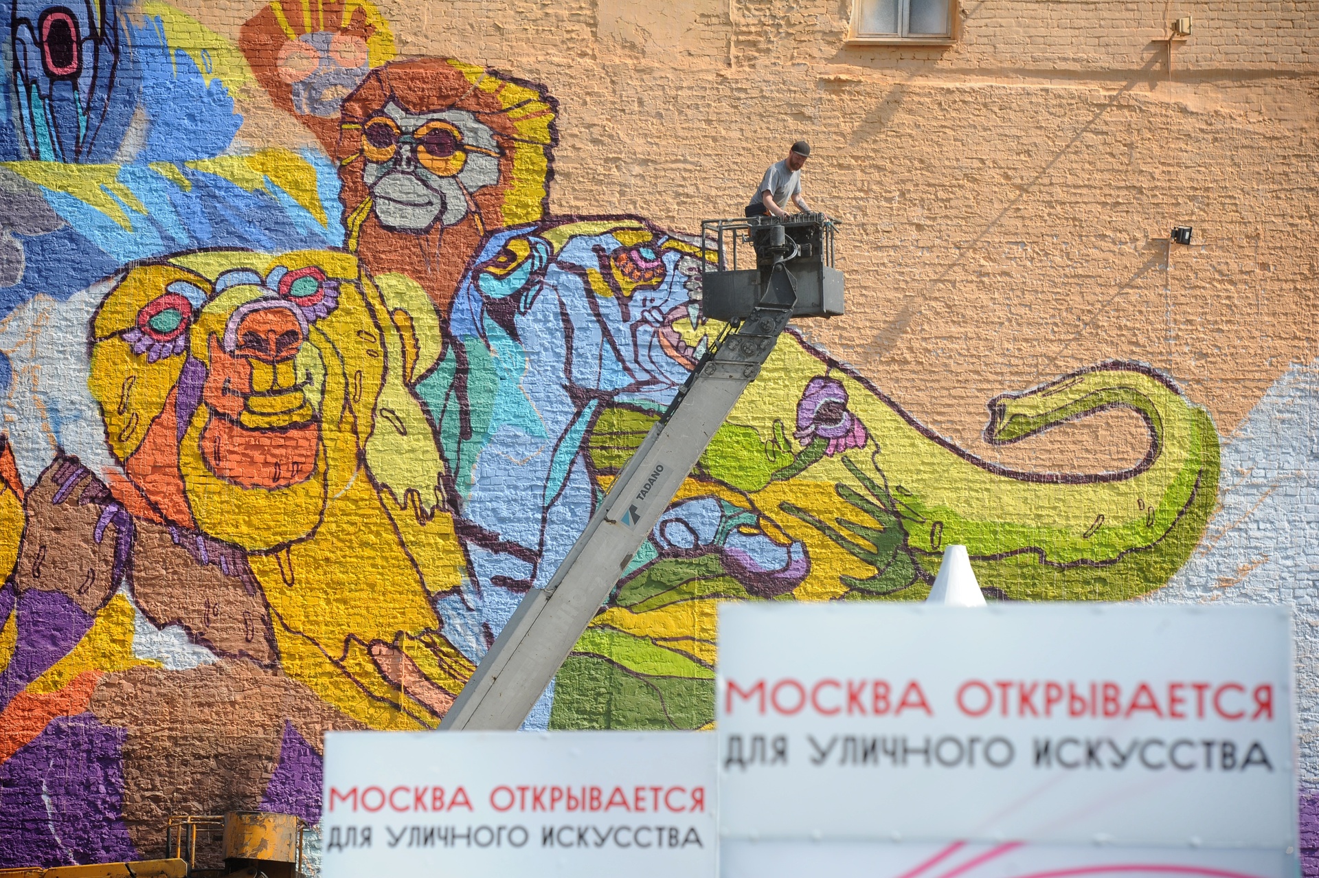 Украшение здания на улице Трубной,15 граффити площадью 180 квадратных метров "Цирк" райтера Алексея Медного в рамках фестиваля "Лучший город земли" в Москве.