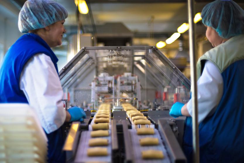 Сотрудники у конвейера в цехе производства блинчиков с начинкой