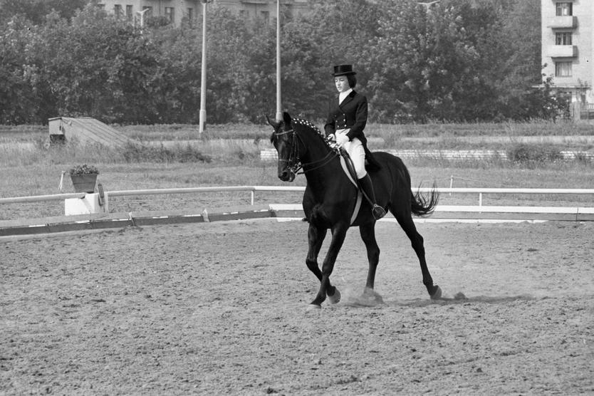 Заслуженный мастер спорта, чемпионка мира, член олимпийской сборной команды СССР по выездке Елена Петушкова на коне по кличке Пепел