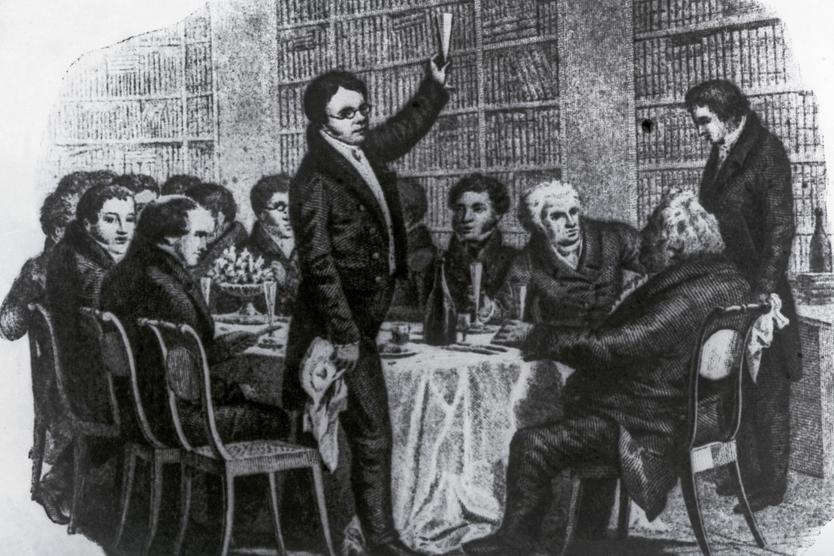 СССР. Ленинград. 1949 г. Репродукция гравюры Степана Филипповича Галактионова с картины художника Александра Павловича Брюллова «Торжественный обед в книжной лавке А.Ф. Смирдина» на титульном листе альманаха «Новоселье» (1833 г.) из собрания Всесоюзного музея Александра Сергеевича Пушкина. Точная дата съемки не установлена.