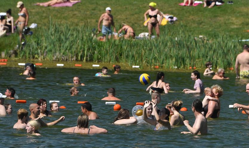 Отдыхающие купаются в Путяевских прудах в Сокольниках.