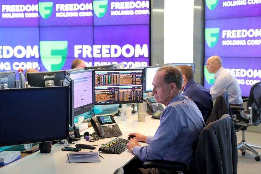 США. Нью-Йорк. Биржа NASDAQ в день начала торгов акциями российского инвестиционного холдинга Freedom Holding Corp., который работает под брендом "Фридом финанс"