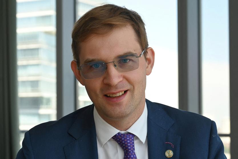 Timur Turlov, CEO of Freedom Holding Corp. brokerage, poses for a picture during an interview with Reuters in Almaty, Kazakhstan August 16, 2023
